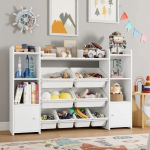 Kids Toy Organization Cubby Bookcase with 8 Bin, 2 Door  Storage Organizer Bookshelf for Children Room Playroom